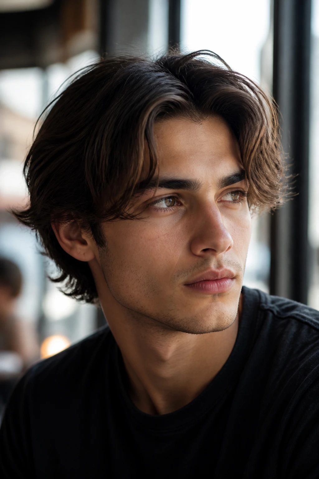 Close-up portrait of a real man with middle part curtains outdoors near cafe