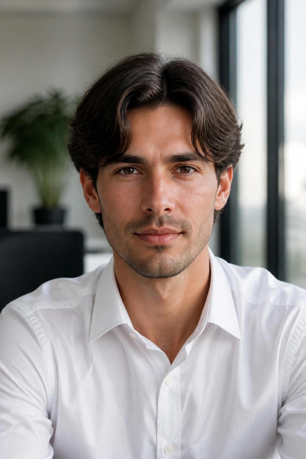Portrait of man with middle-part curtains and tidy ends