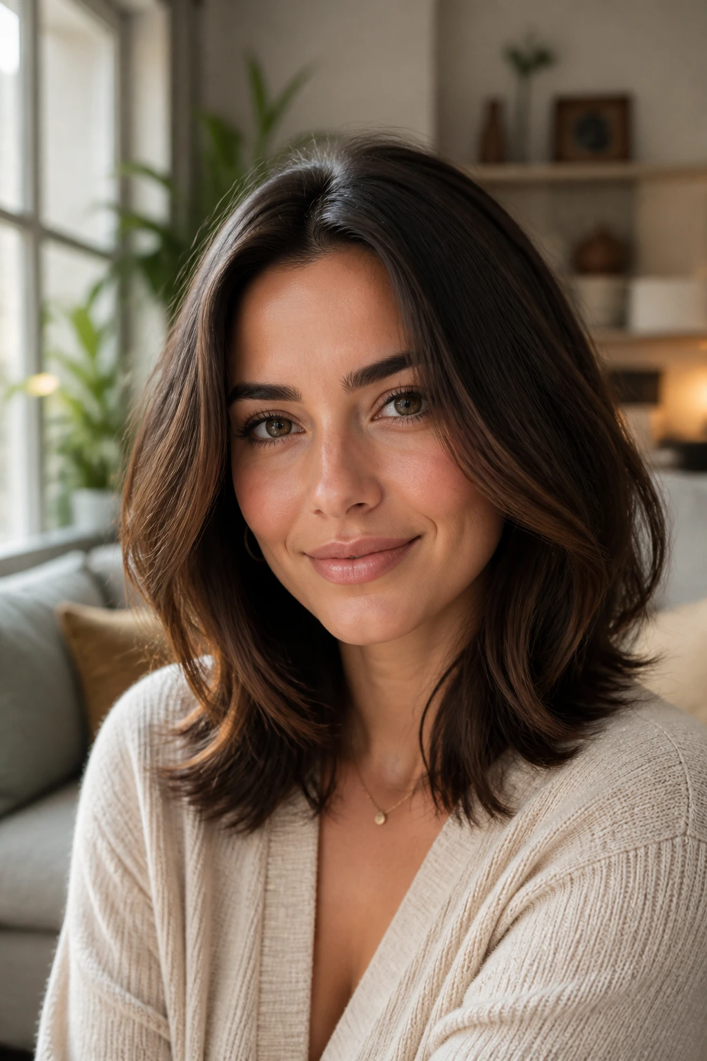 Close-up portrait of a woman with a soft middle-part hairstyle in a cozy living room