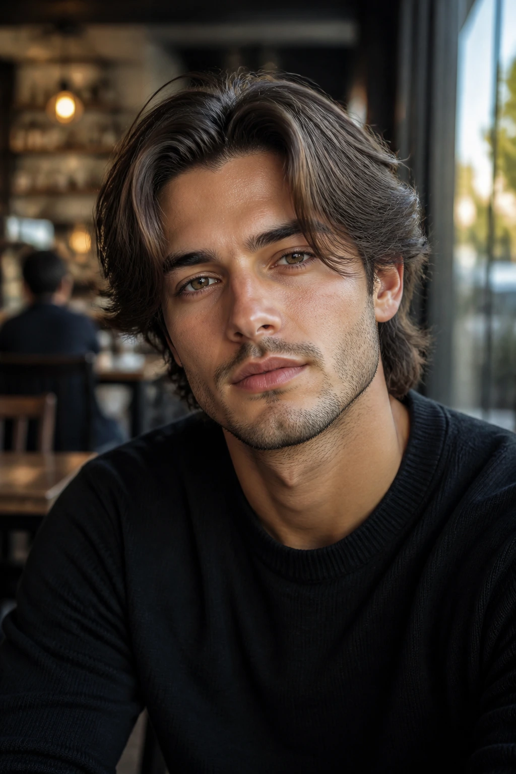 Portrait of a man with a soft middle-part hairstyle in natural daylight at a cafe.