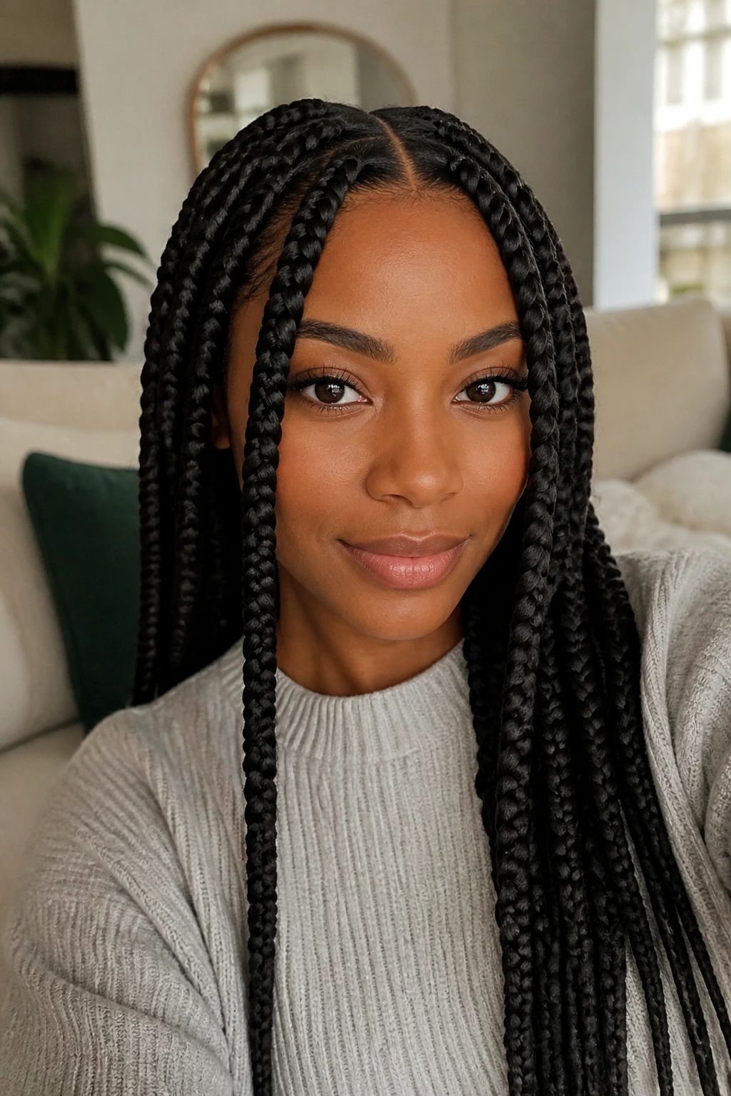 Face-framing middle-part jumbo box braids on a real person