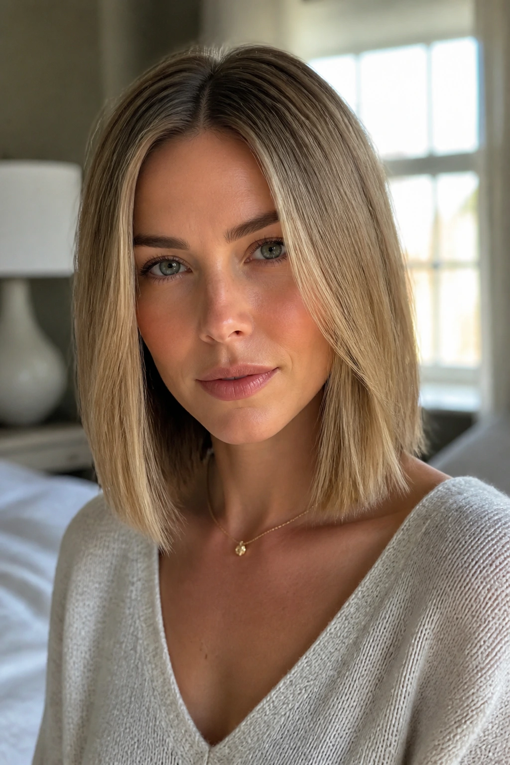 Close-up portrait of a woman with a middle-part lob showing blunt ends and gentle crown lift.