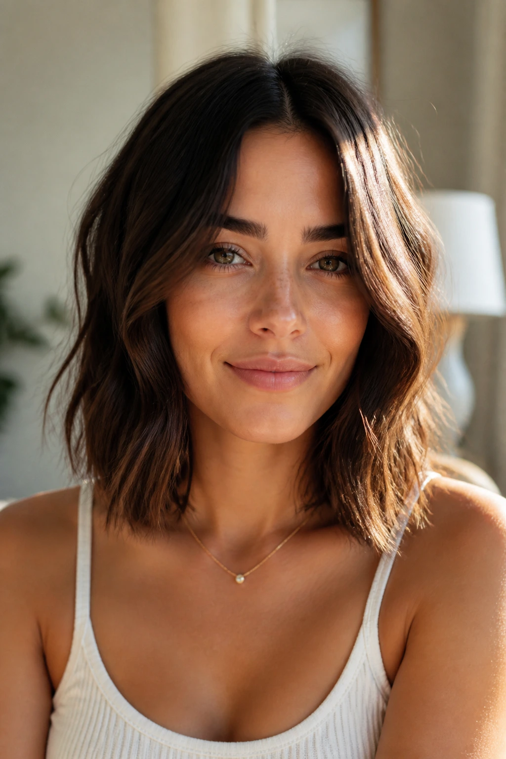 Close-up of a real woman with a middle-part lob and soft waves in natural light