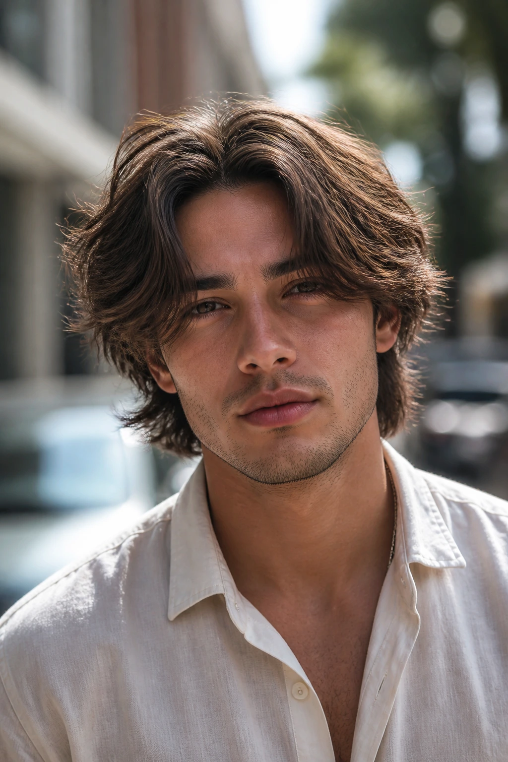 Medium close-up of a man with middle-part shag hairstyle outdoors