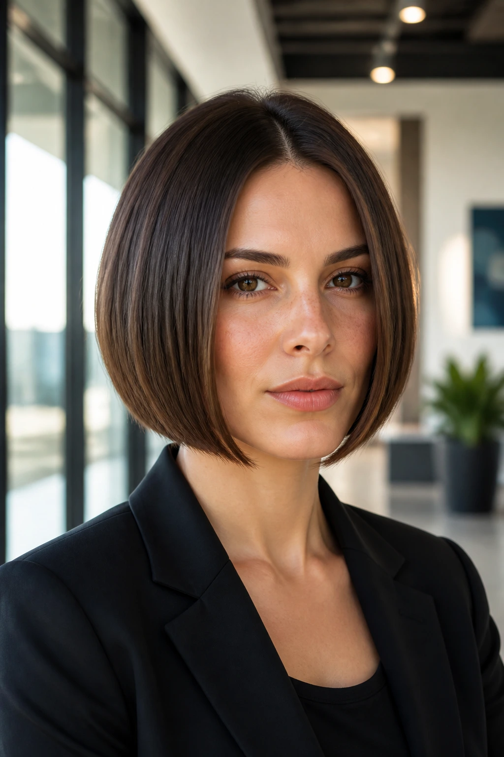 Close-up portrait of a real person with a middle-part stacked bob and clean lines in an office lobby.