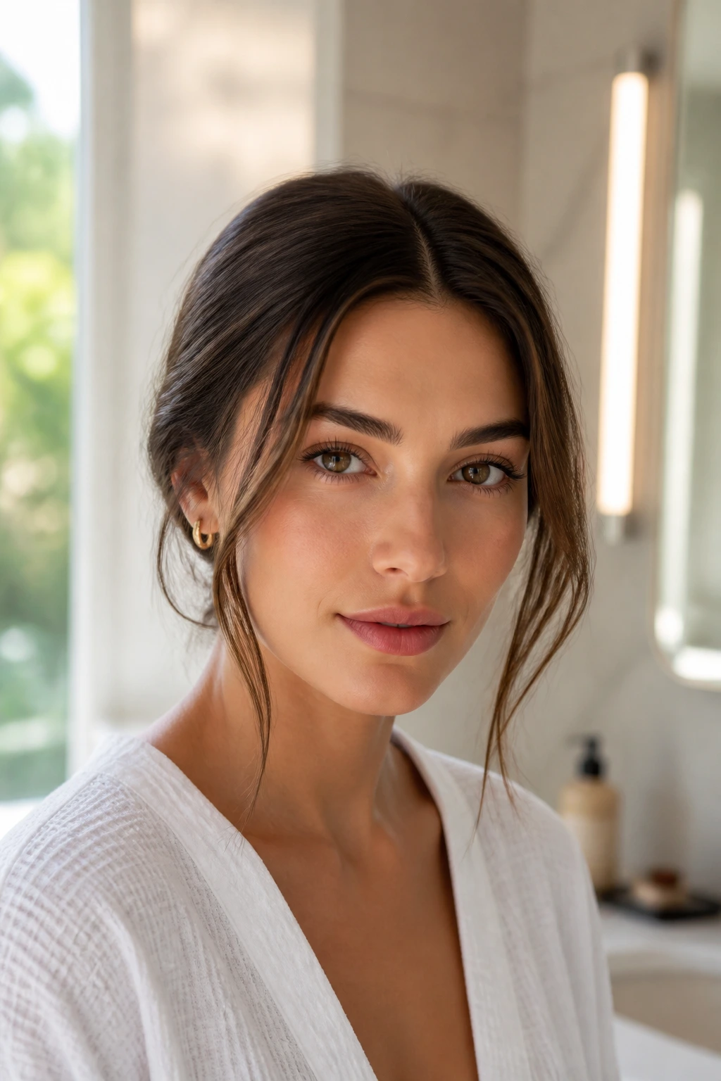 Portrait of a woman with a center part and softened front pieces in a bathroom setting