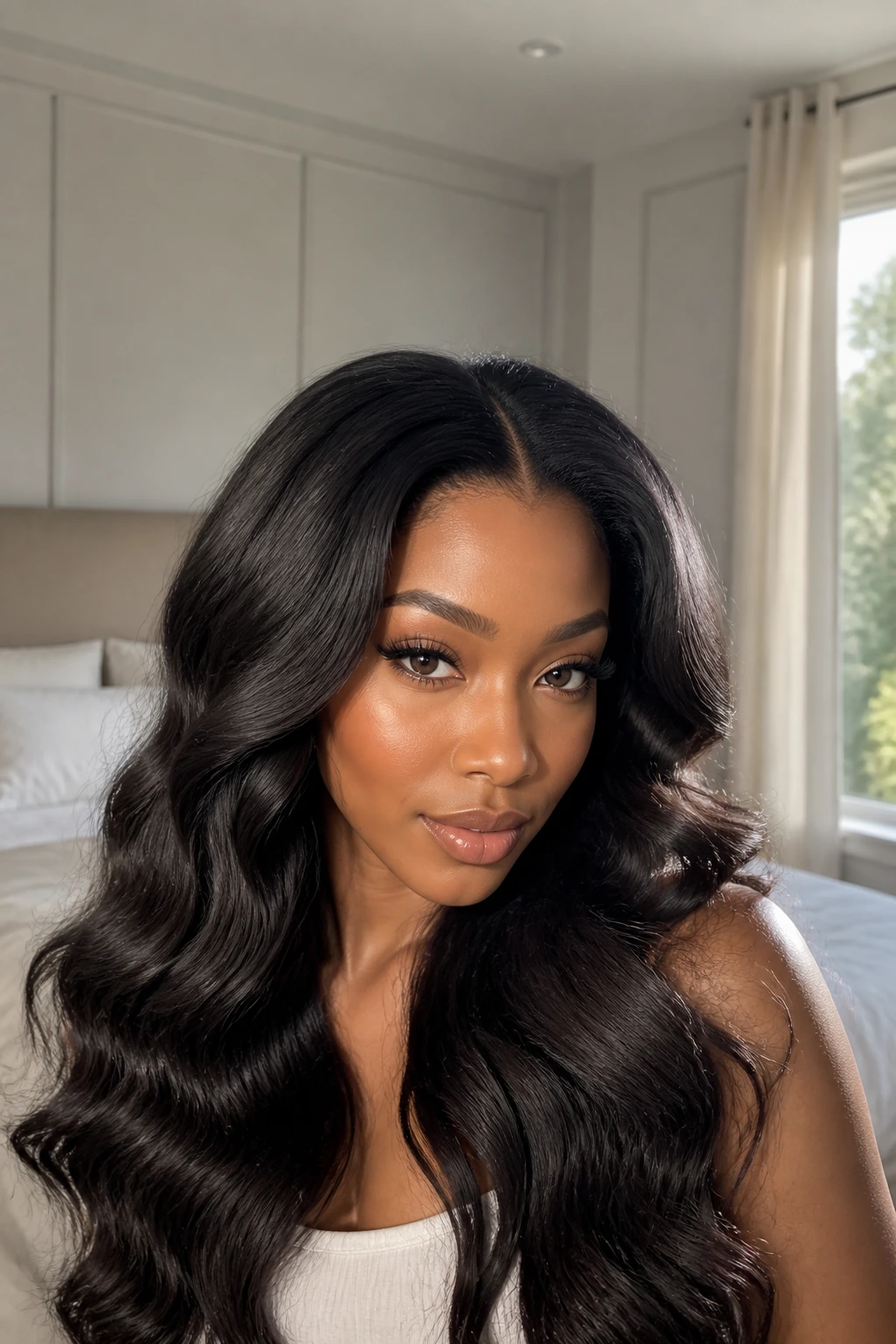 Close-up of a real Black woman with deep middle-part waves and crown volume