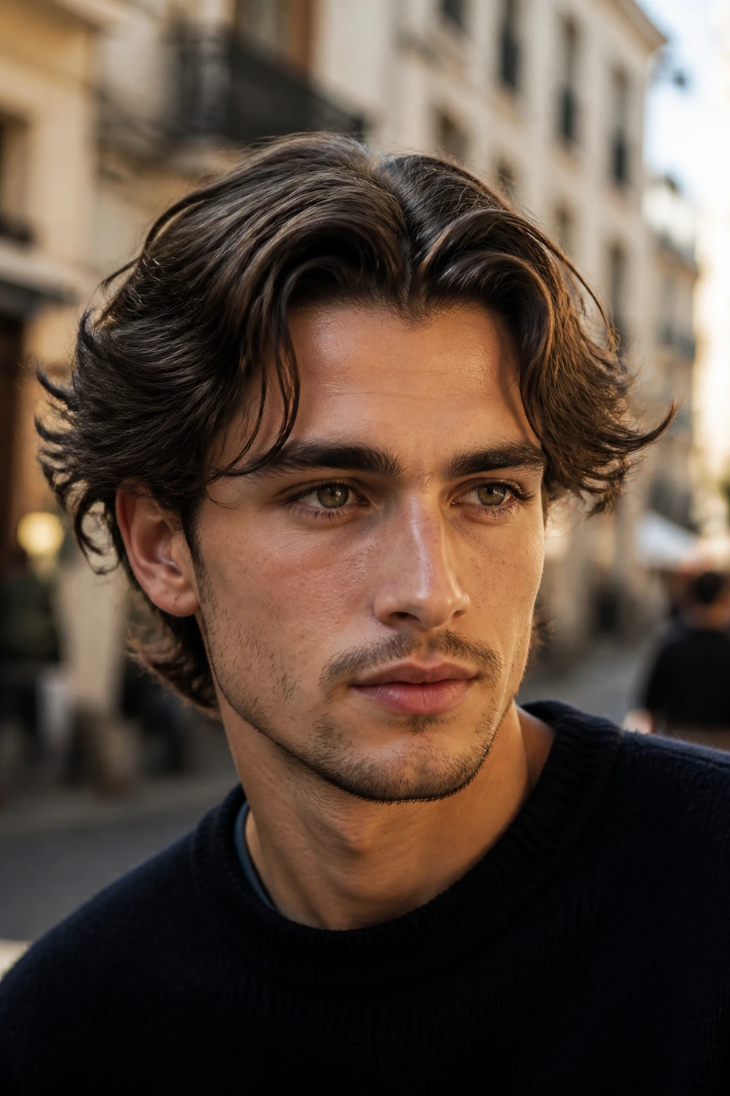 Close-up of a man with a middle-part wavy hairstyle in an urban setting