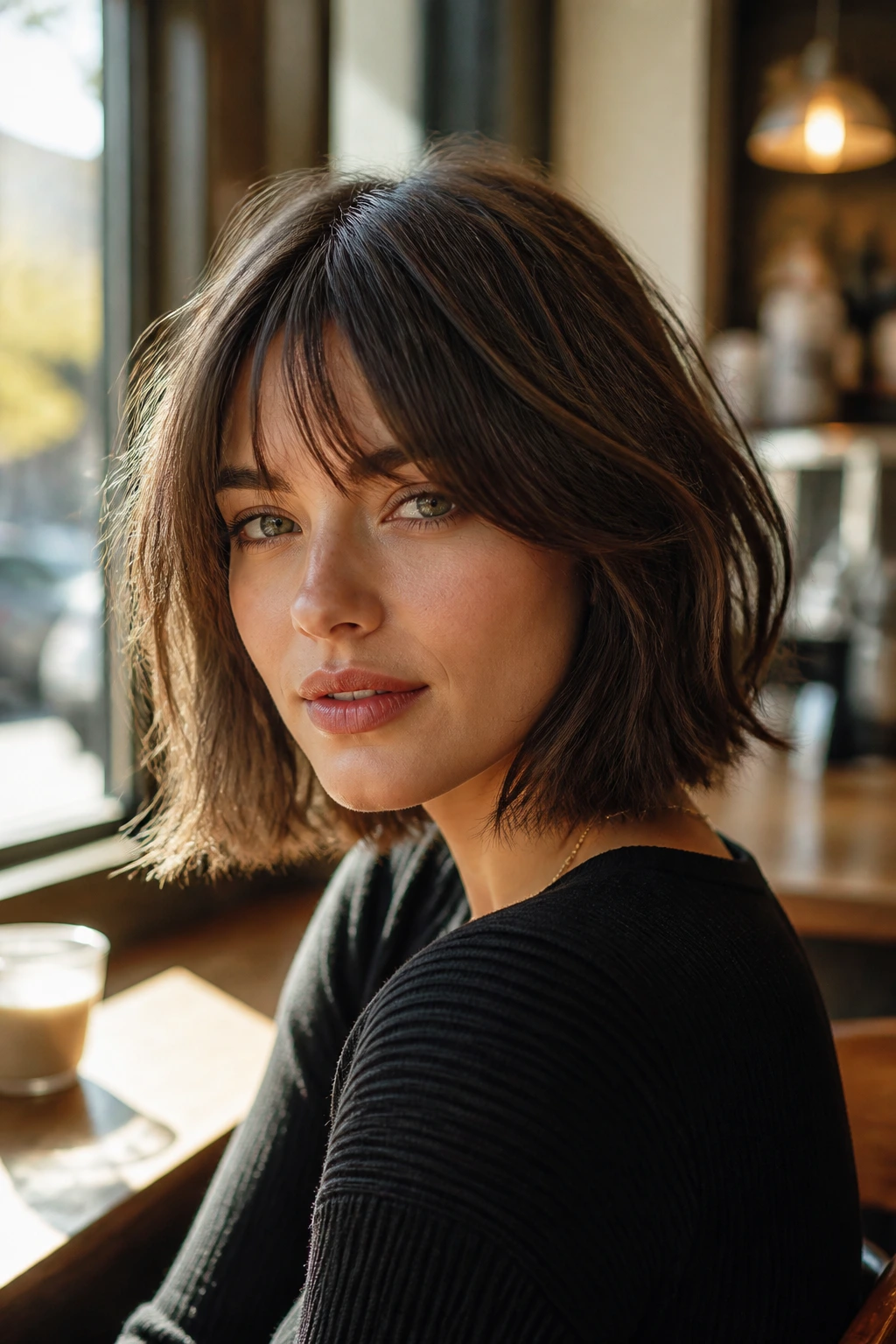 Portrait of a woman with a choppy midi bob and airy fringe