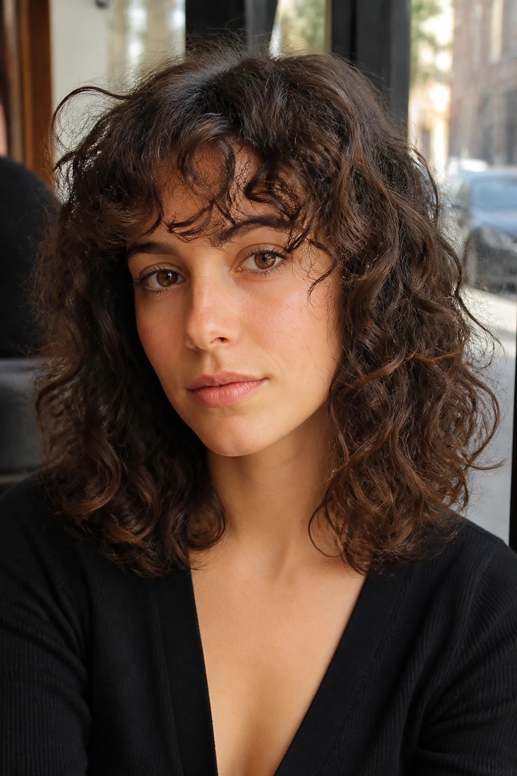 MIDI cut with curly fringe on real person near cafe window