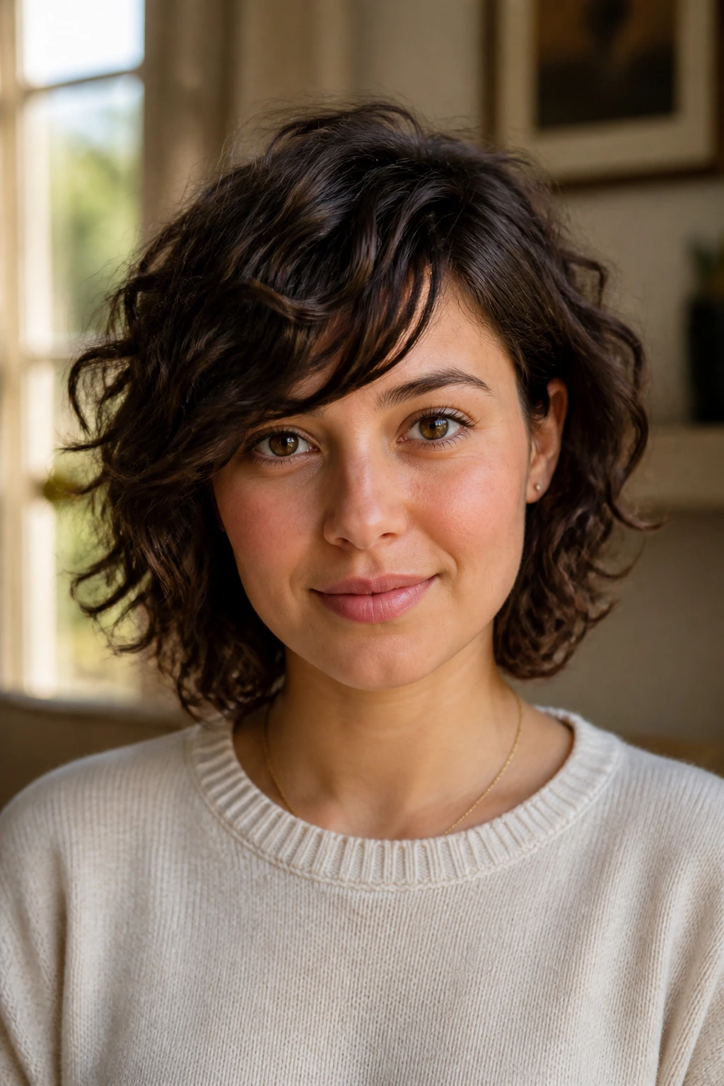 Close-up portrait of a real woman with a midi cut and diagonal bangs, natural window light.
