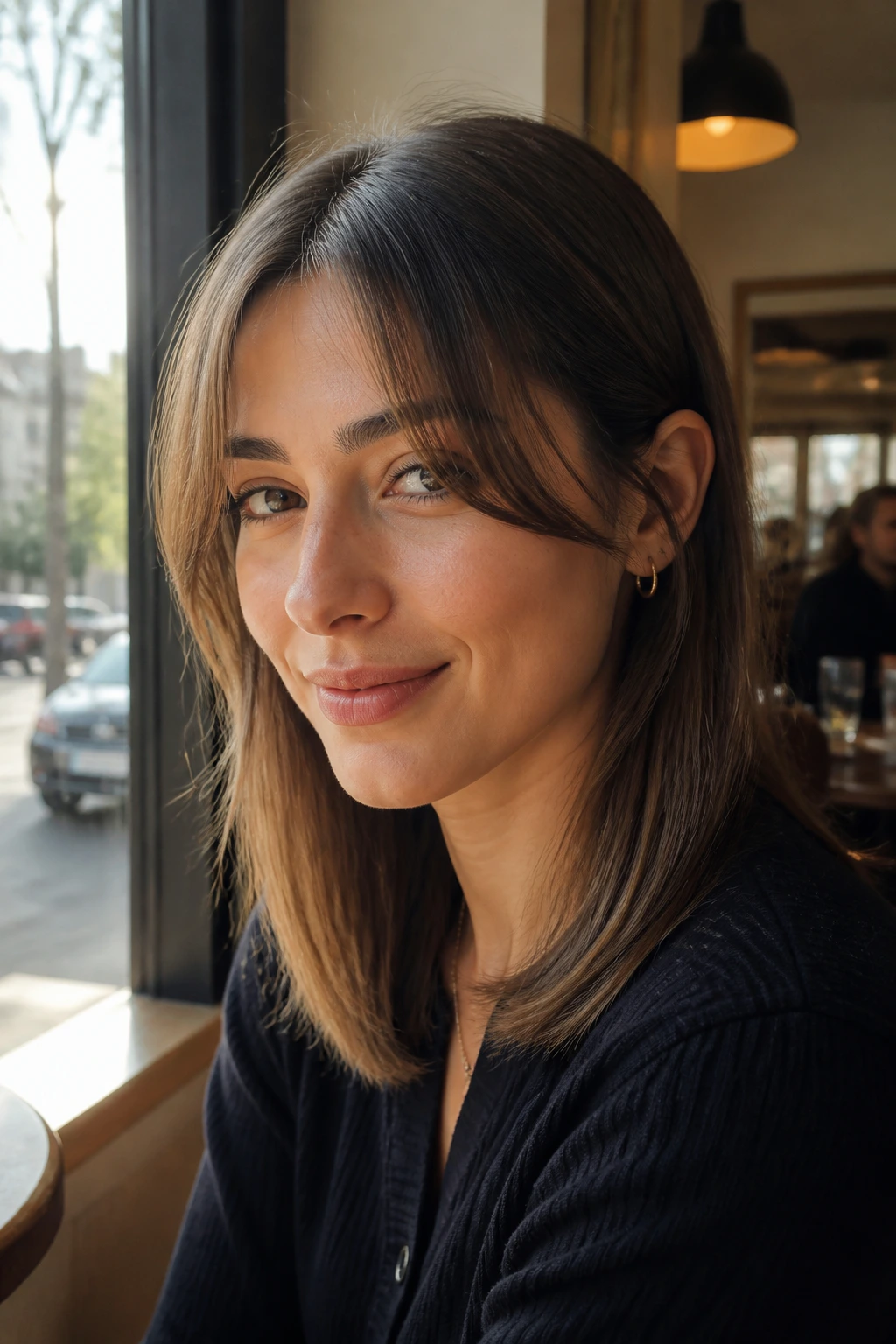 Real woman with tucked-behind-the-ears midi cut and soft framing bangs