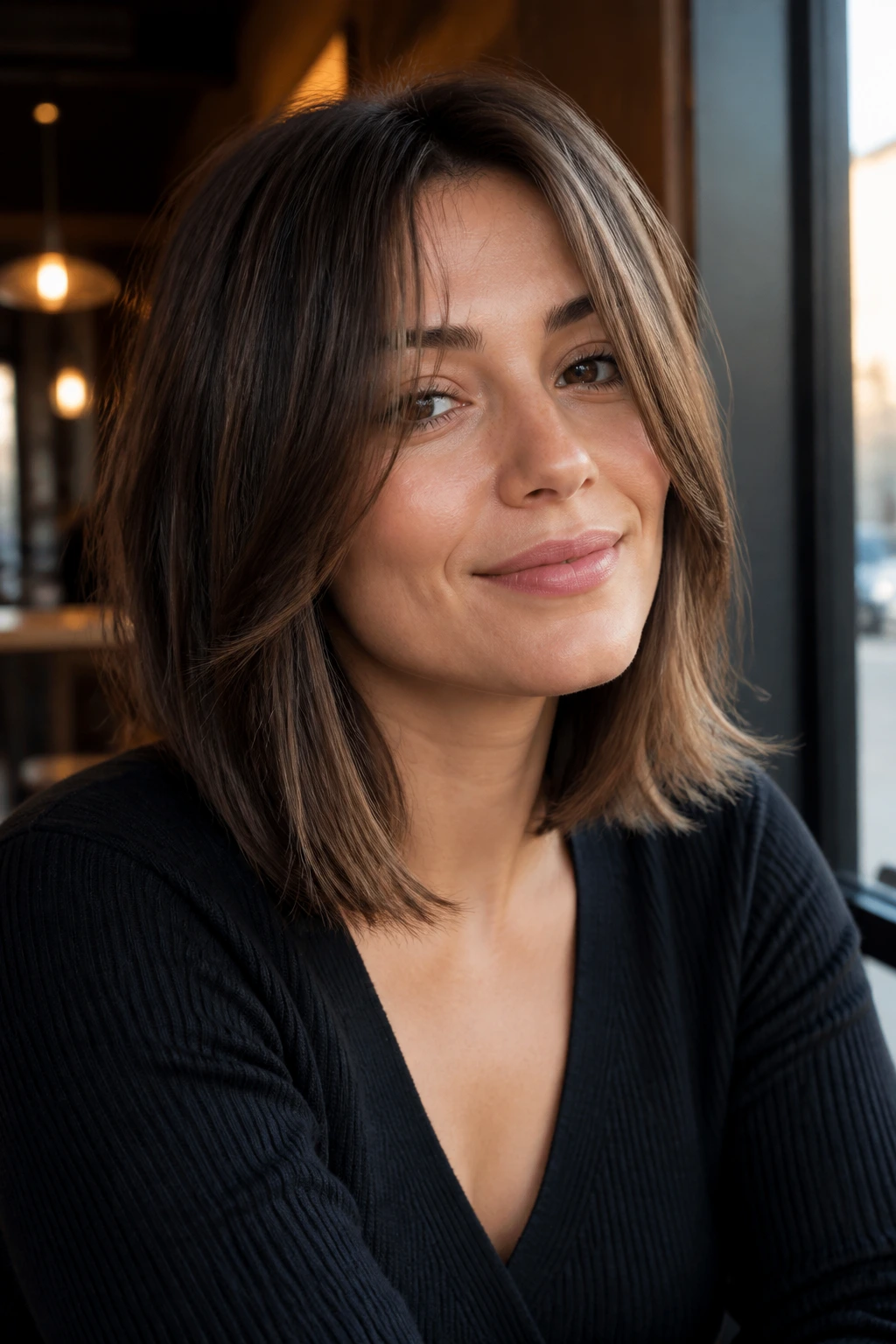 Real woman with midi cut and soft taper, hair with gentle movement