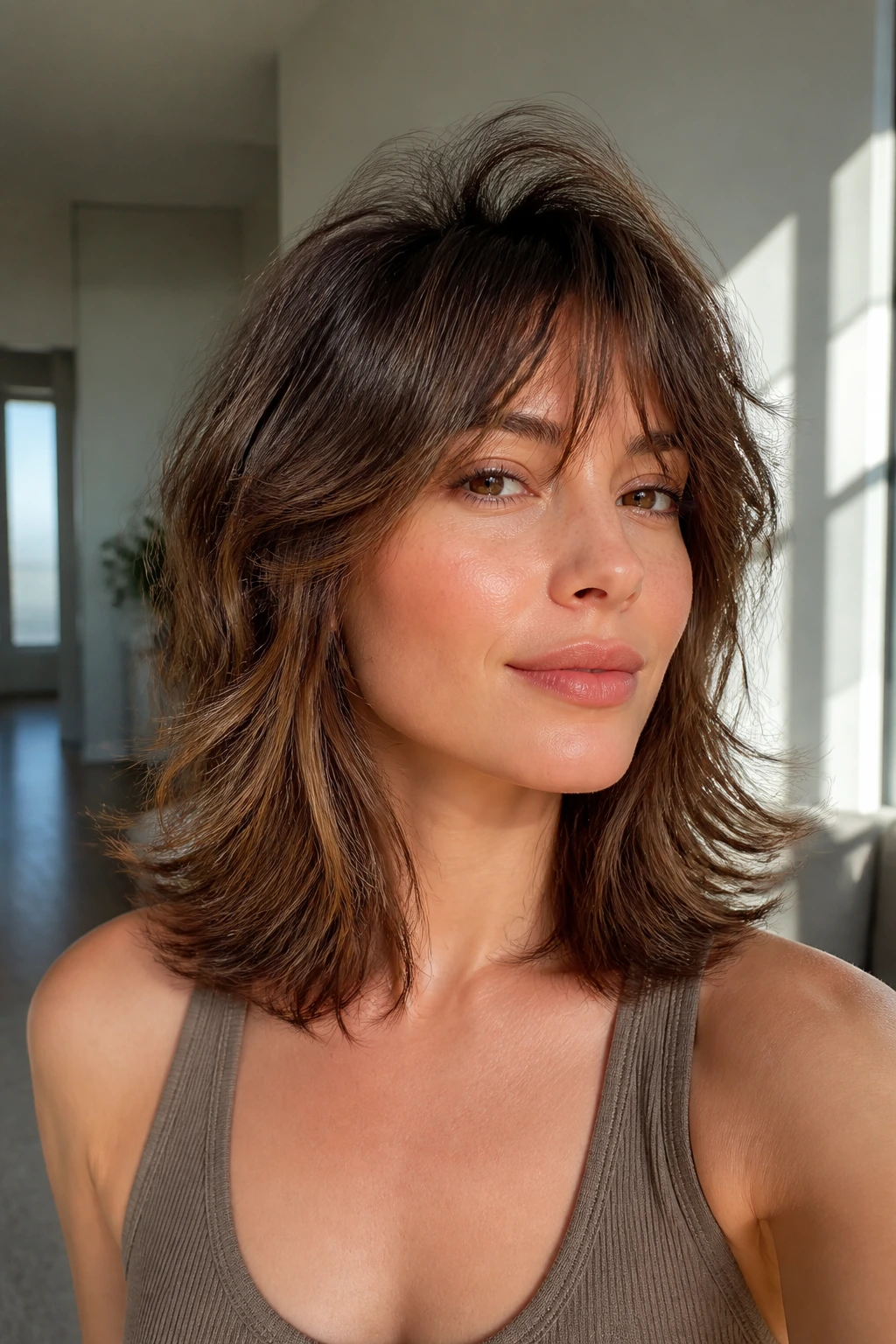 Real person with midi shag showing airy crown volume in bright room