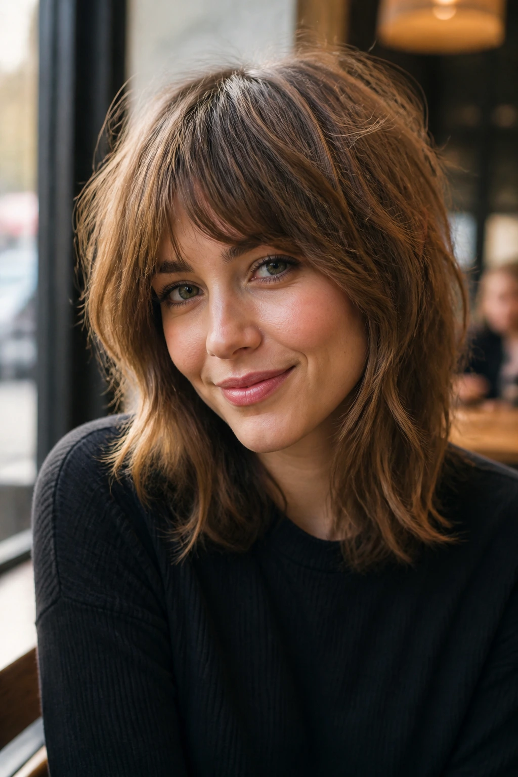 Close-up of a real woman's rounded midi shag haircut in cafe window light