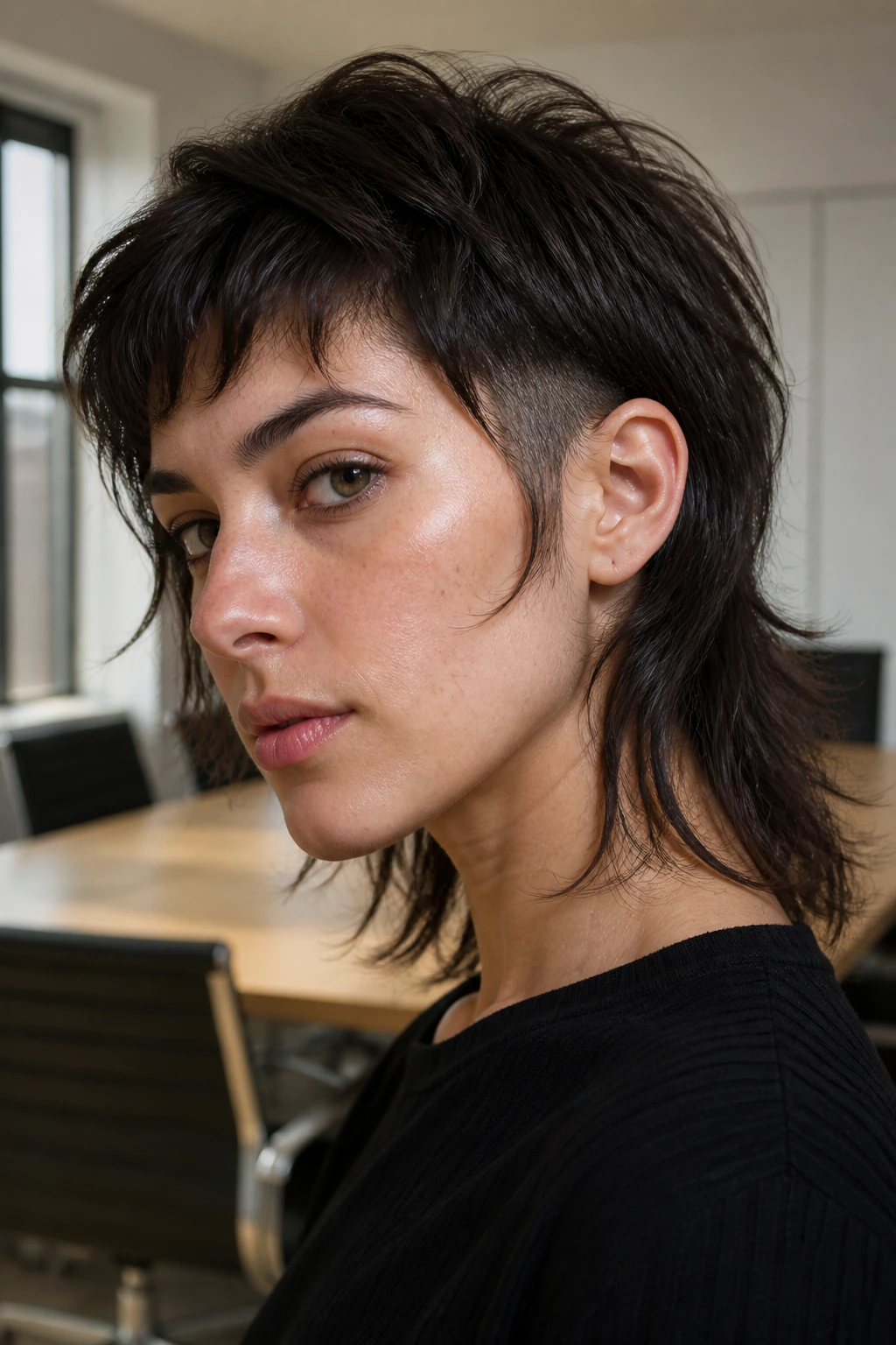 Close-up portrait of a real woman showing midi shag with hidden temple undercut