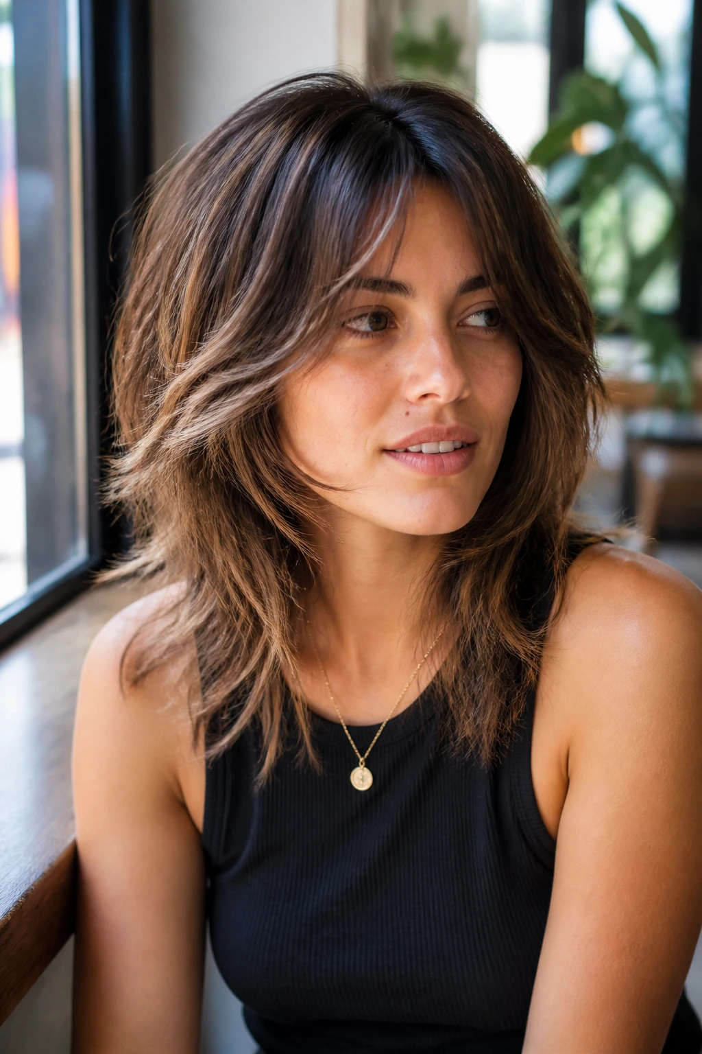 Medium close-up of a real person with midi wolf cut and face framing slices