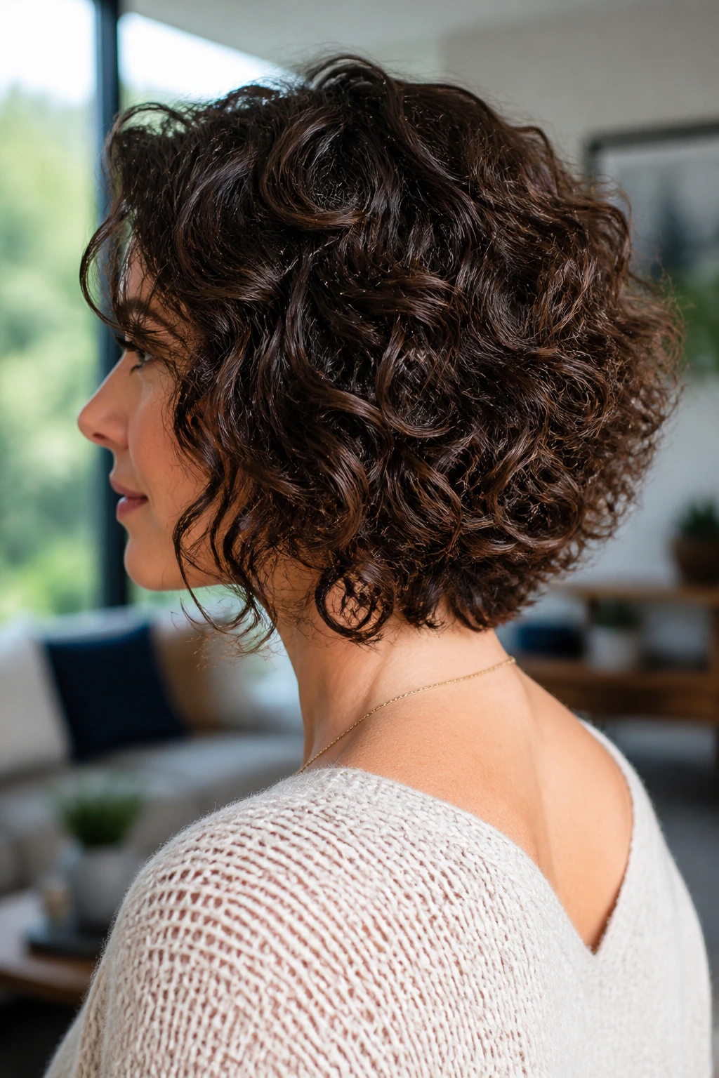 Close-up of a real person with midlength curly bob stacked back
