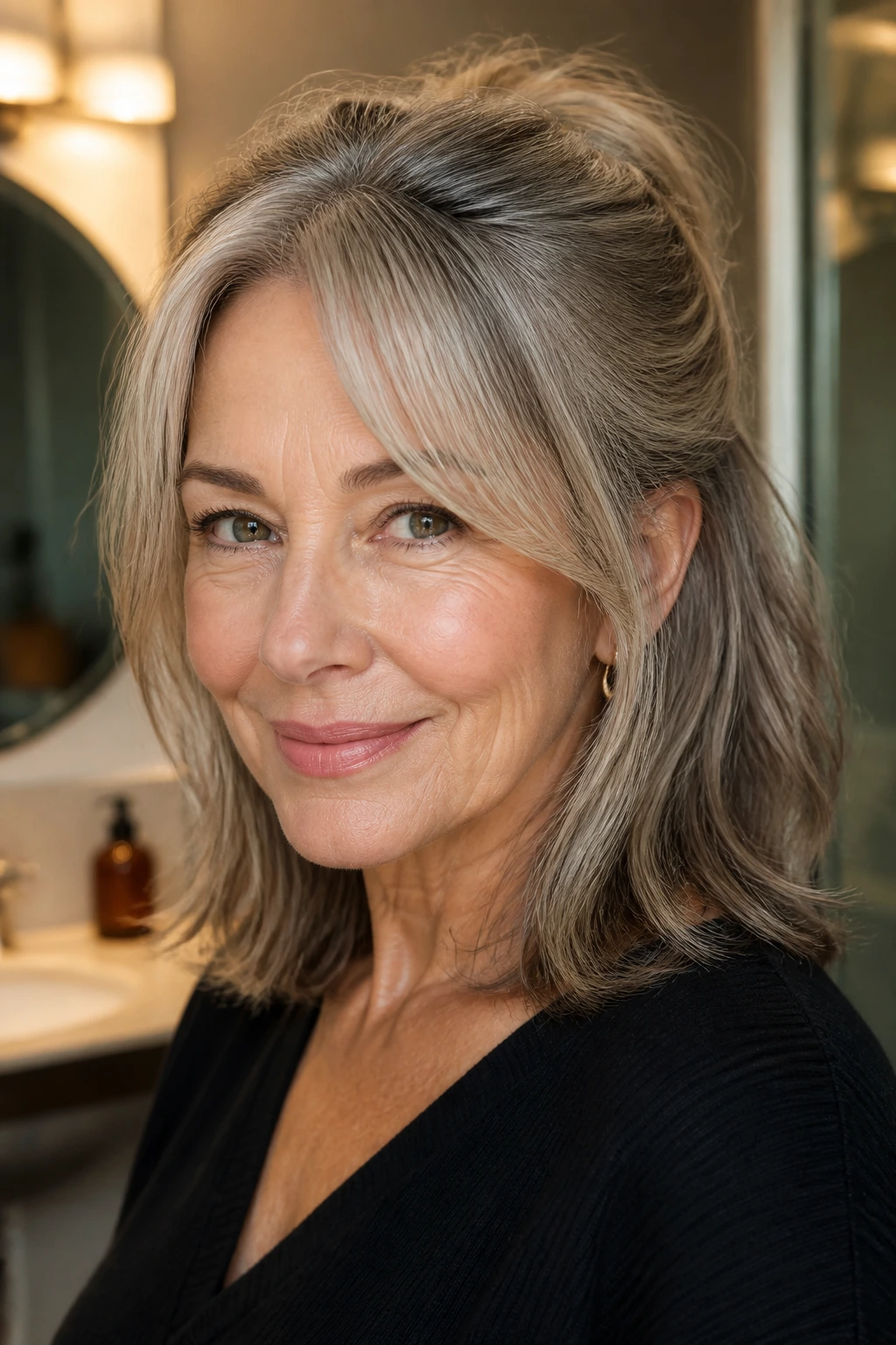 Close-up of a mature woman with mid-length hair ready for half-up styling
