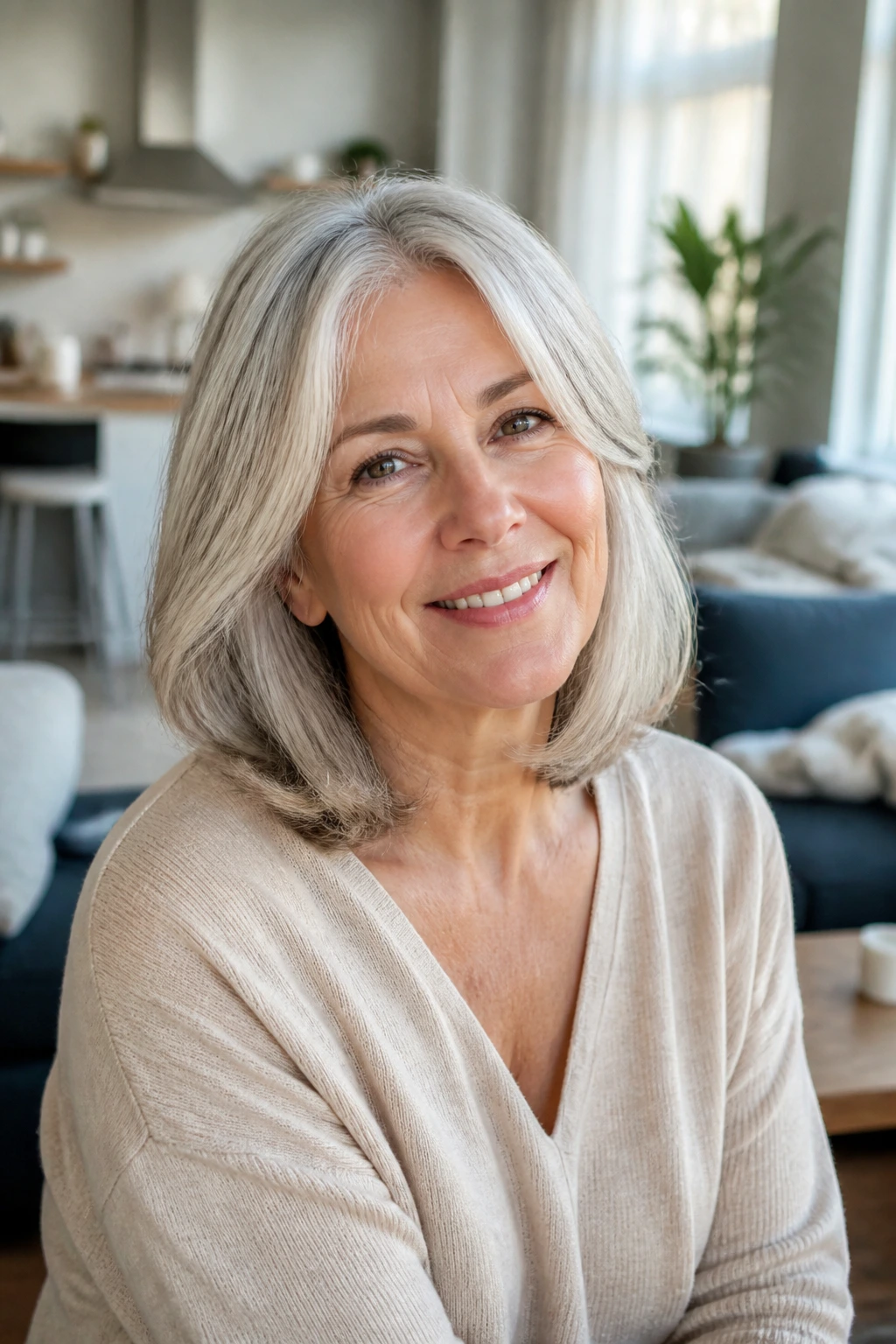 Portrait of a woman with everyday mid-length hairstyle in a home setting