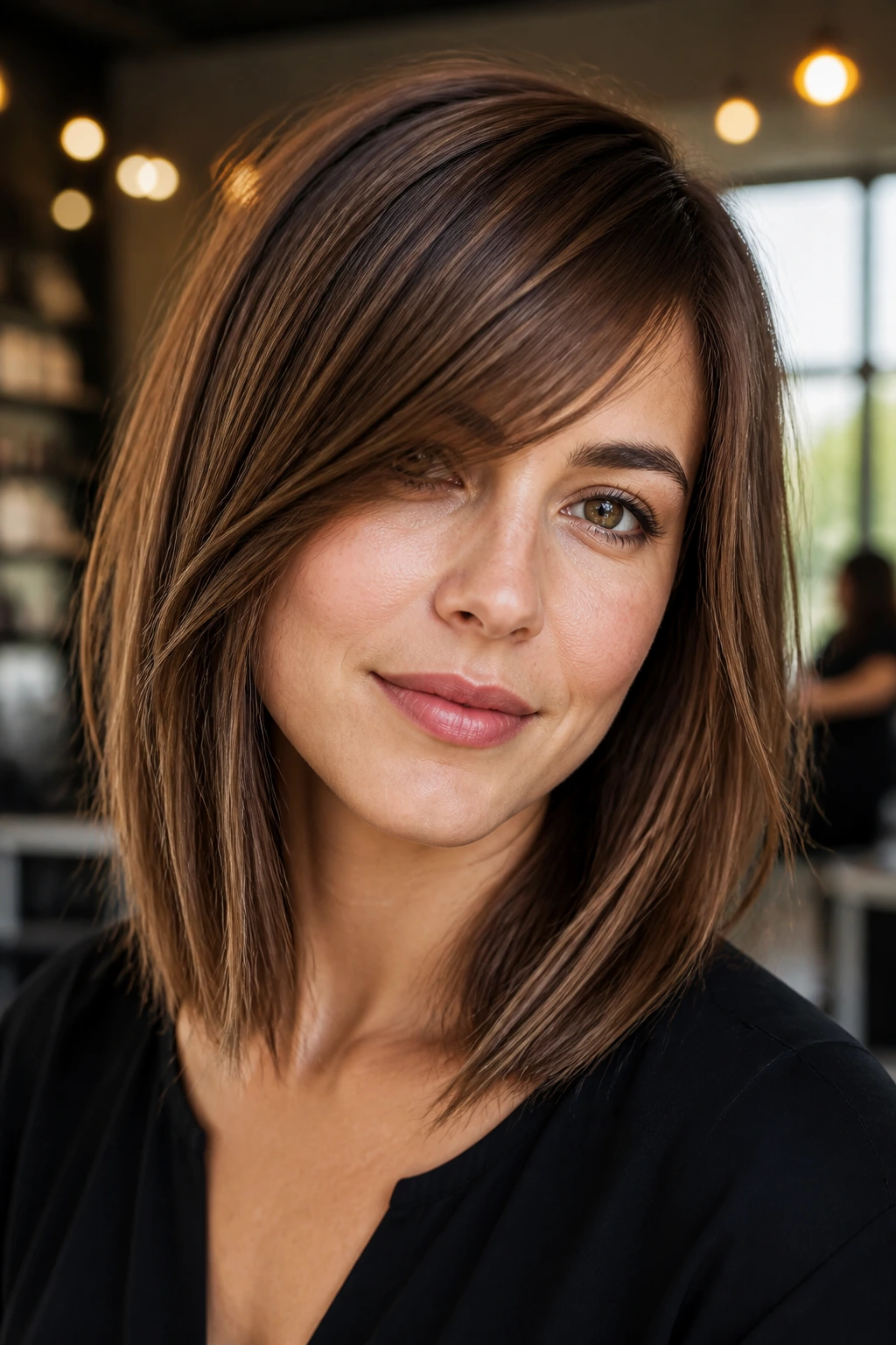 Close-up of a real woman with midlength hair and a side-swept fringe.
