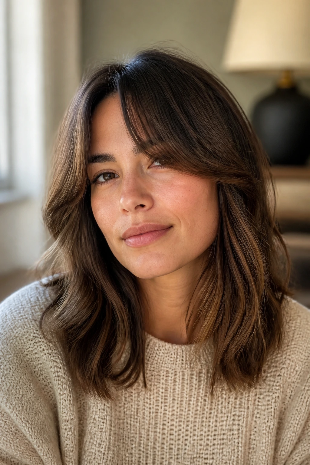 Close-up of a real woman with curtain bangs and midlength layers