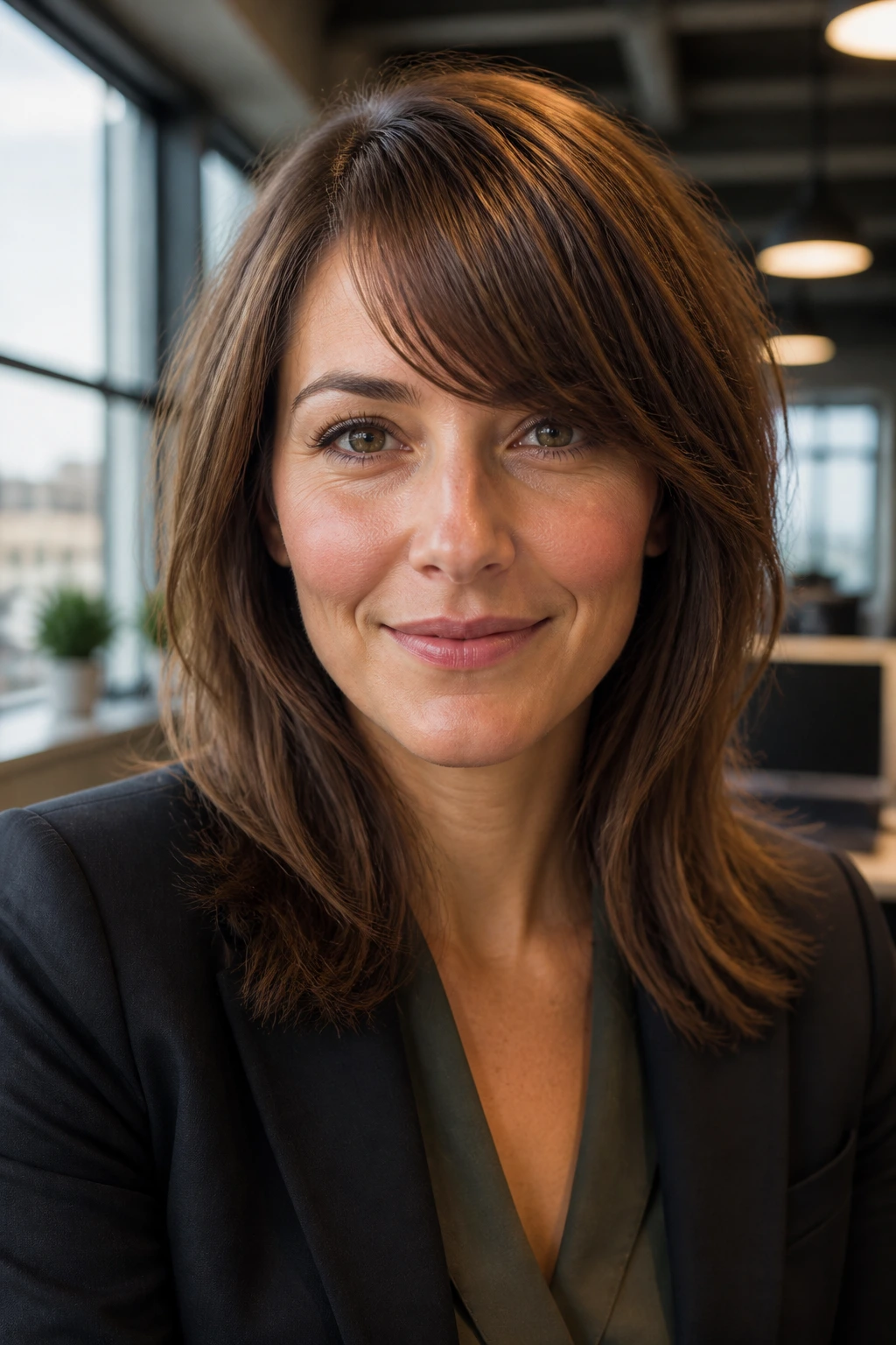 Close-up of a real woman with office-friendly midlength layers and side bangs in a modern workspace.