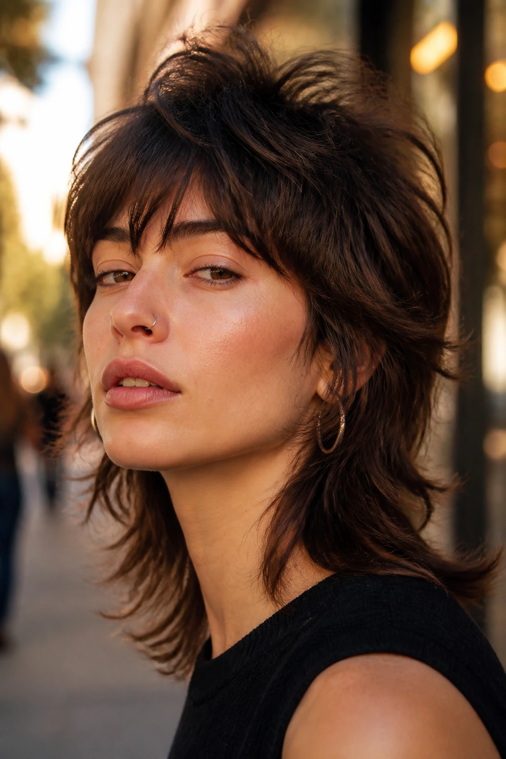 Close-up portrait of a real person with a midlength mullet shag in golden hour light