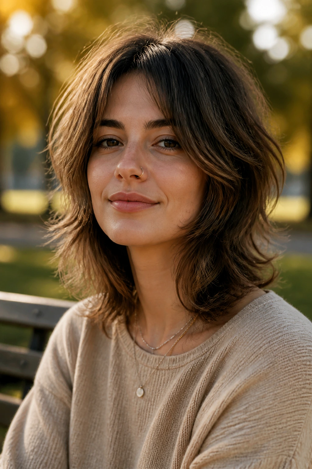 Real woman with tousled midlength shag and face-framing flicks in golden hour light