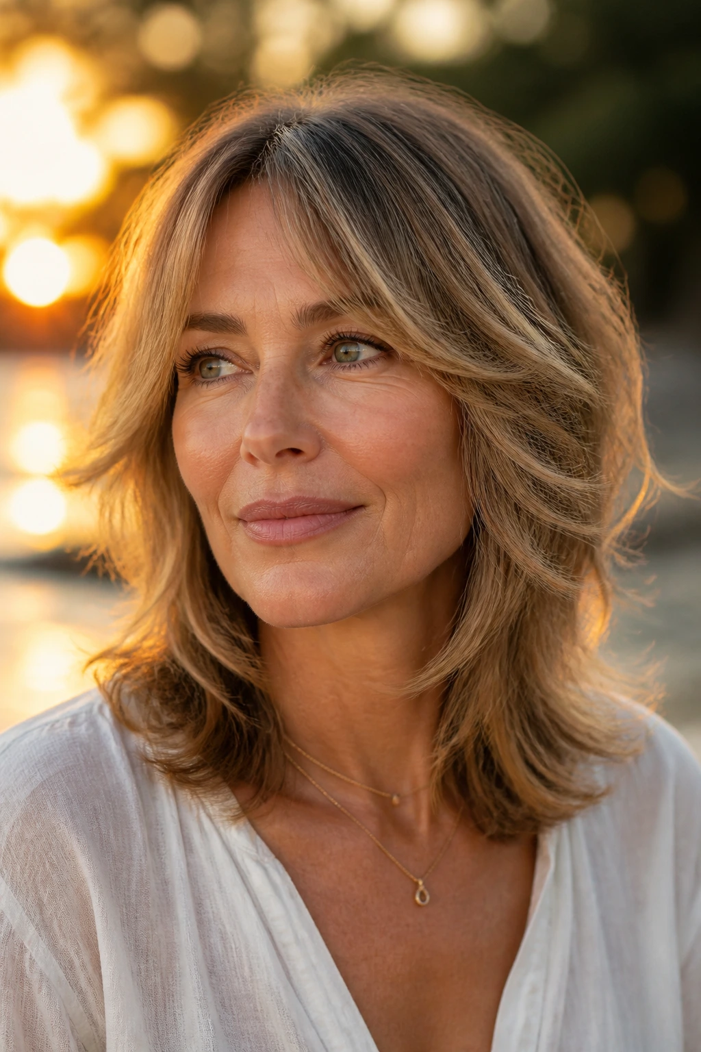 Portrait of a woman with midlength wolf cut and cheekbone layers in golden hour outdoor setting
