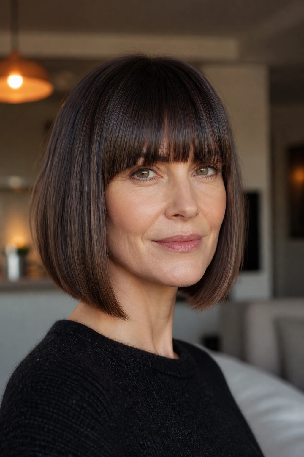 Portrait of a real woman with midneck bob and heavy straight fringe in warm ambient light