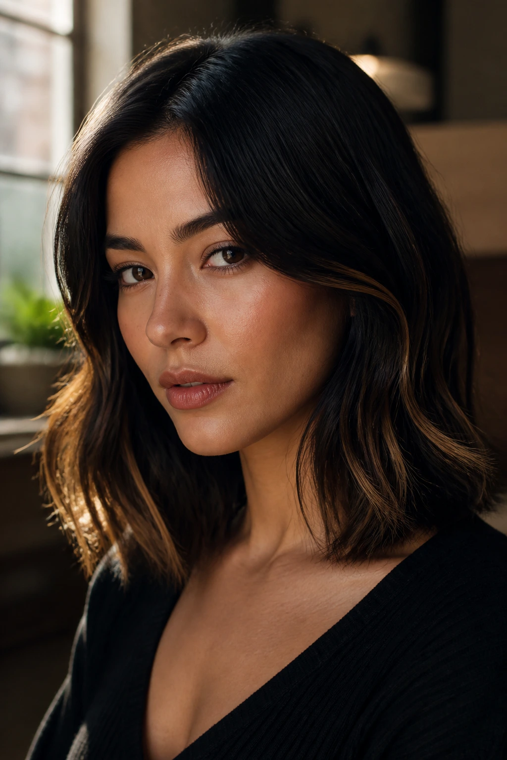 Close-up portrait of a woman with midnight black hair and warm gold accents.