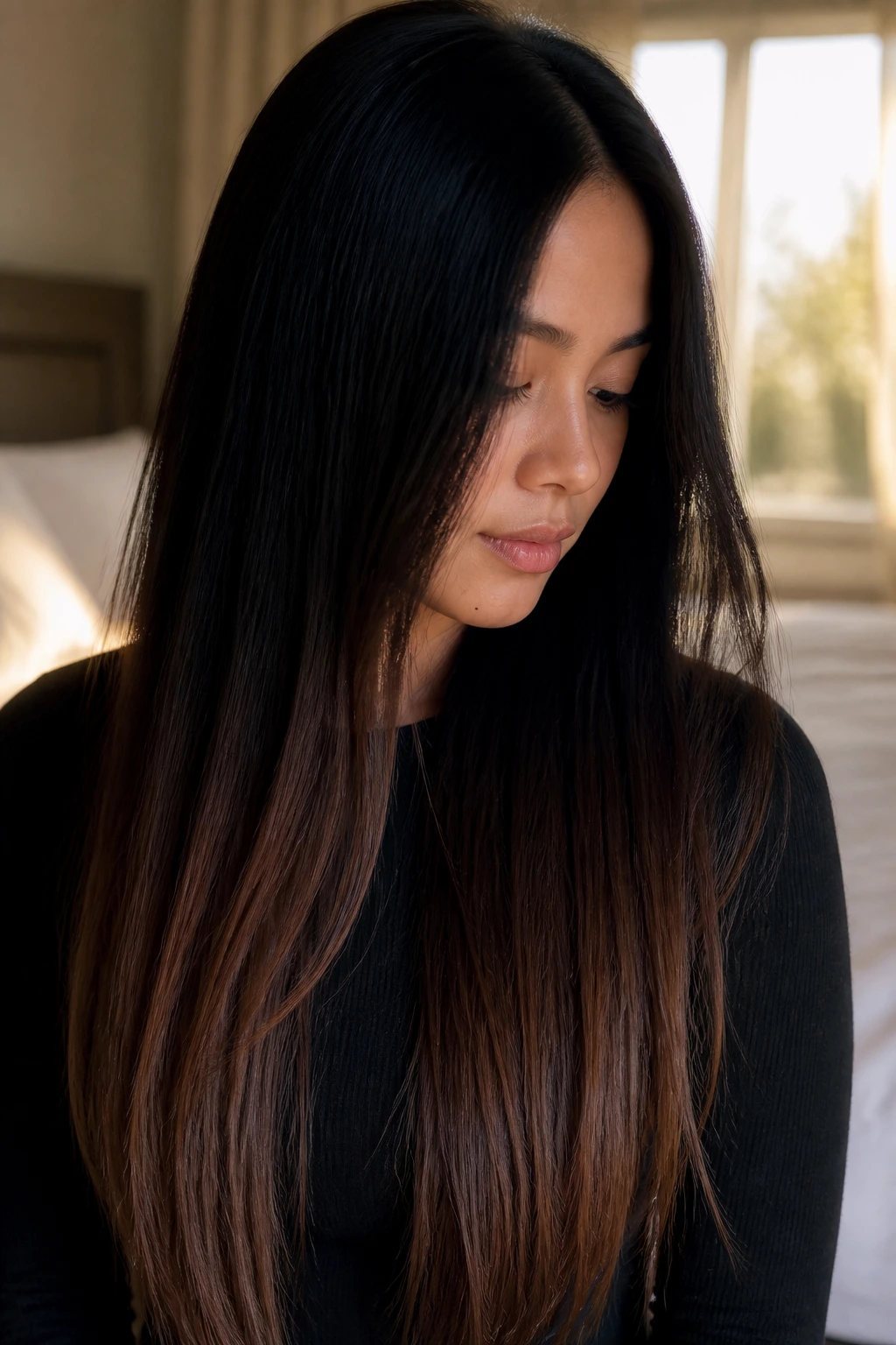 Close-up of a real woman with midnight black ombré on long straight hair in warm window light