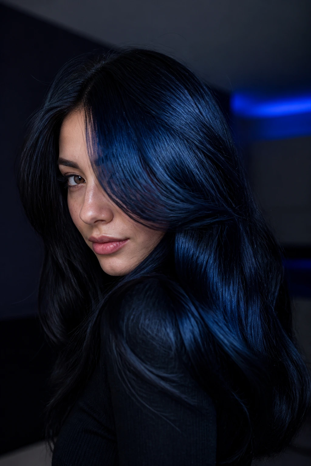 Close-up of a woman with midnight blue black hair