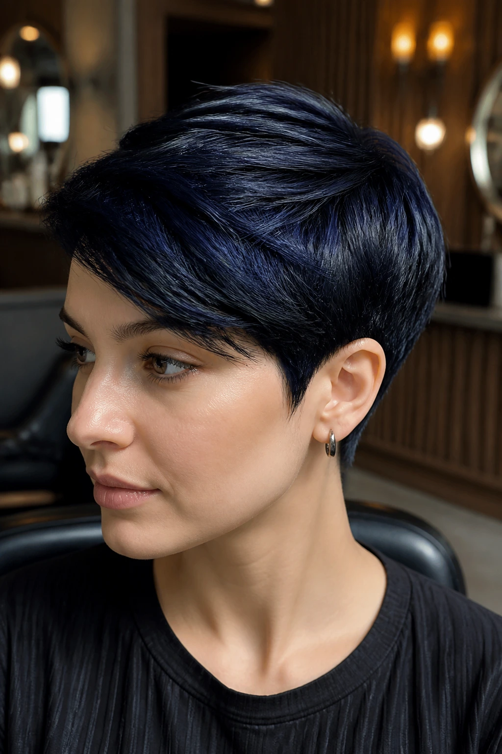 Close-up of a real person with midnight blue-black short hair and glossy shine