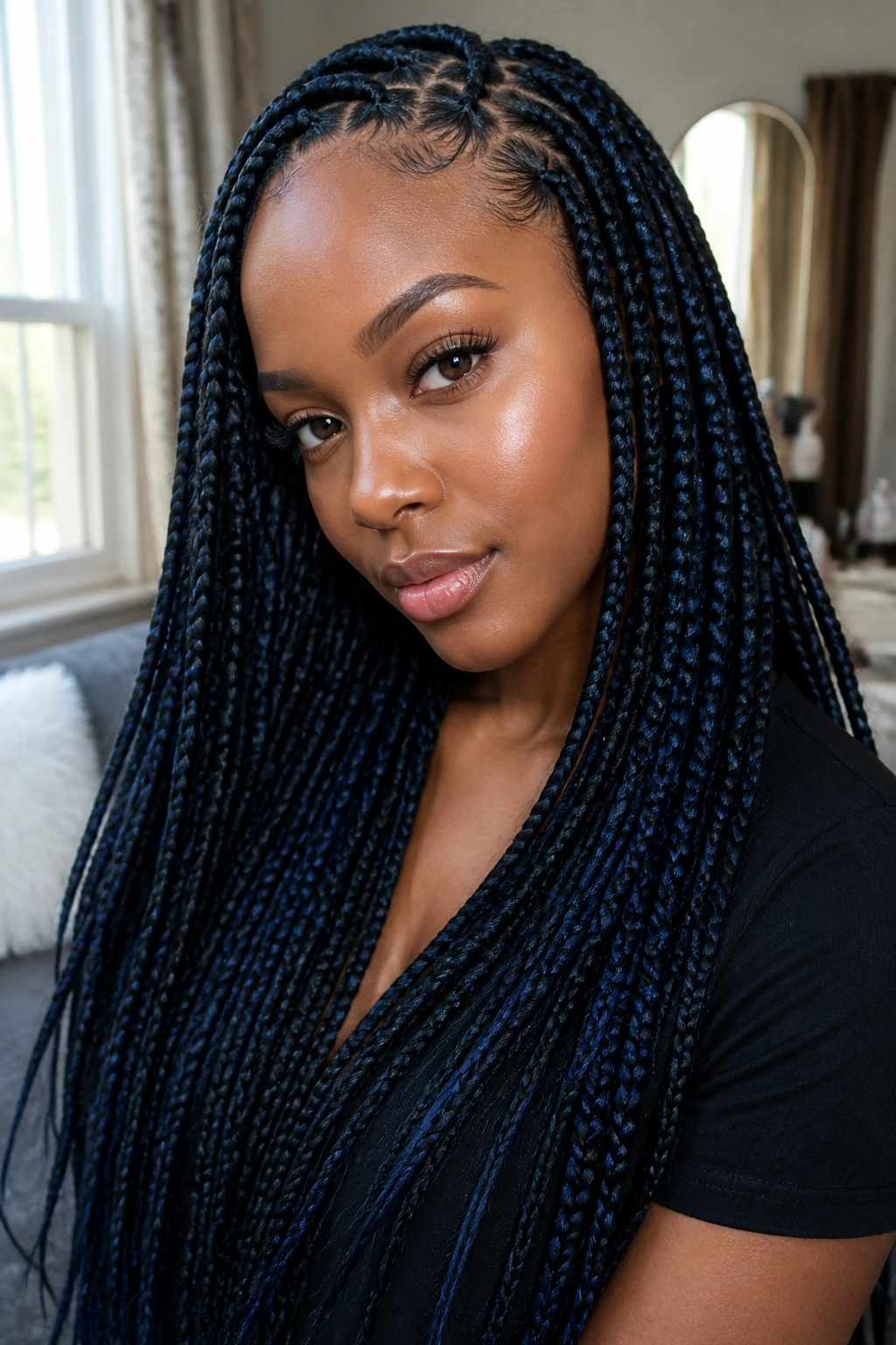 Close-up of a real person with long midnight blue knotless braids