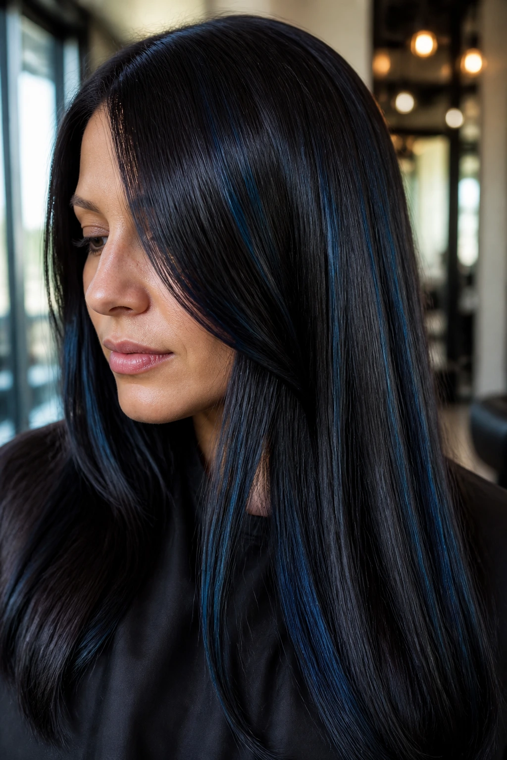 Close-up of deep hair with slim midnight blue panels catching light.