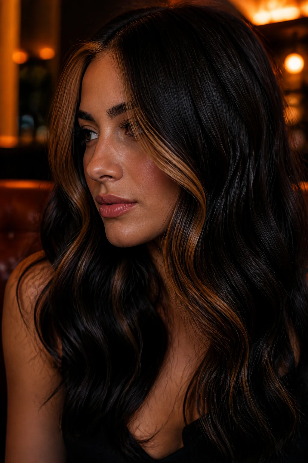 Close-up of a person with midnight brown hair and amber front piece catching light