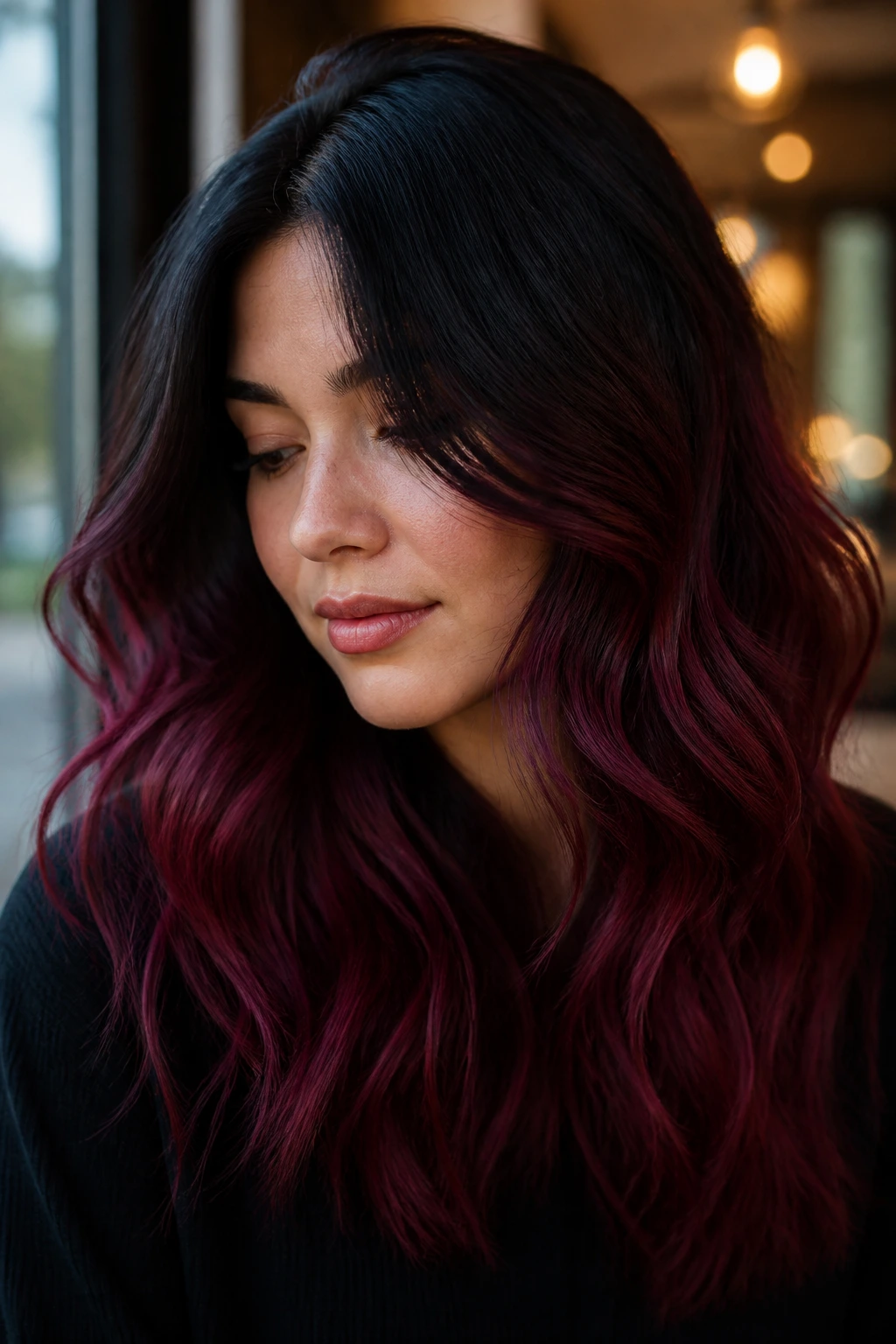 Portrait of a real person with burgundy-wine ends blending from midnight brown roots