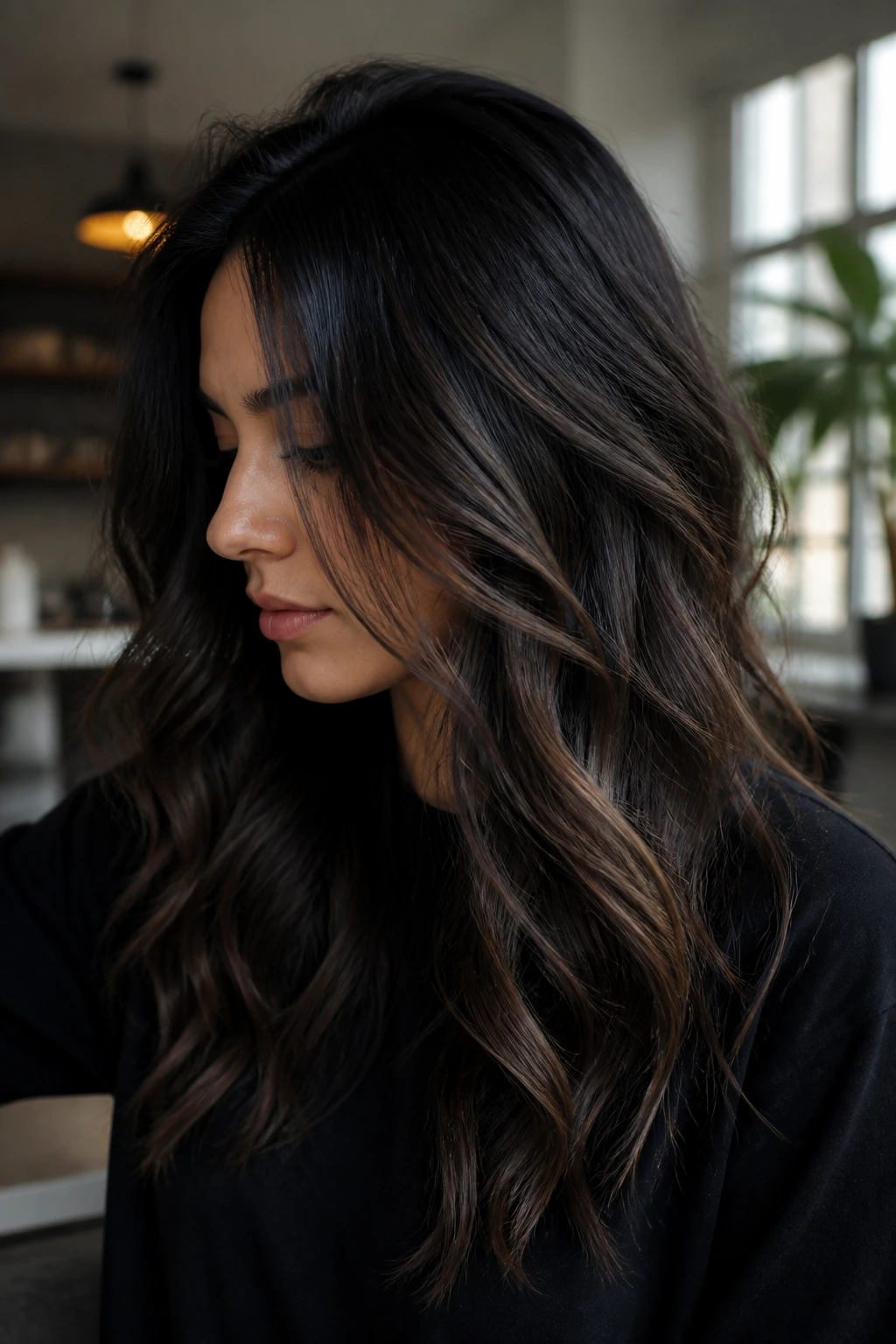 Close-up of midnight brown hair with cool mocha midlights on a real person