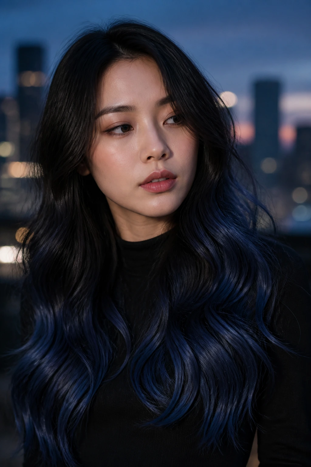Close-up of a real person with midnight brown to navy smoke long hair under moody light