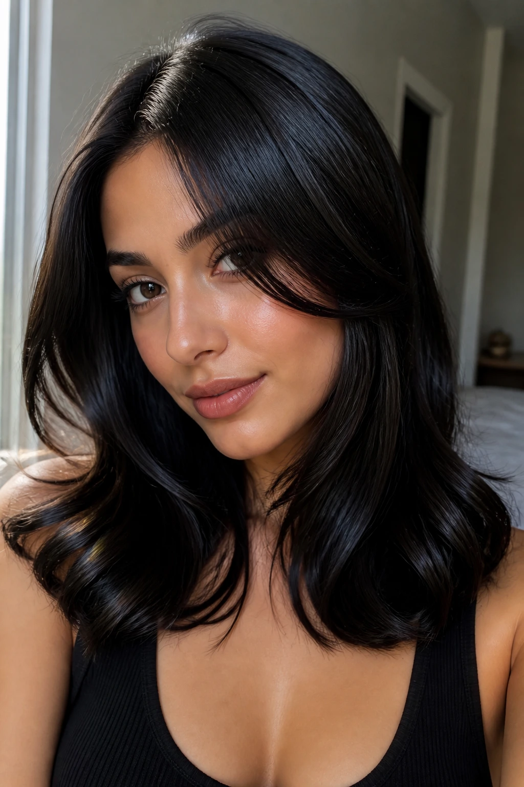 Portrait of a real woman with midnight brunette glass hair showing high shine