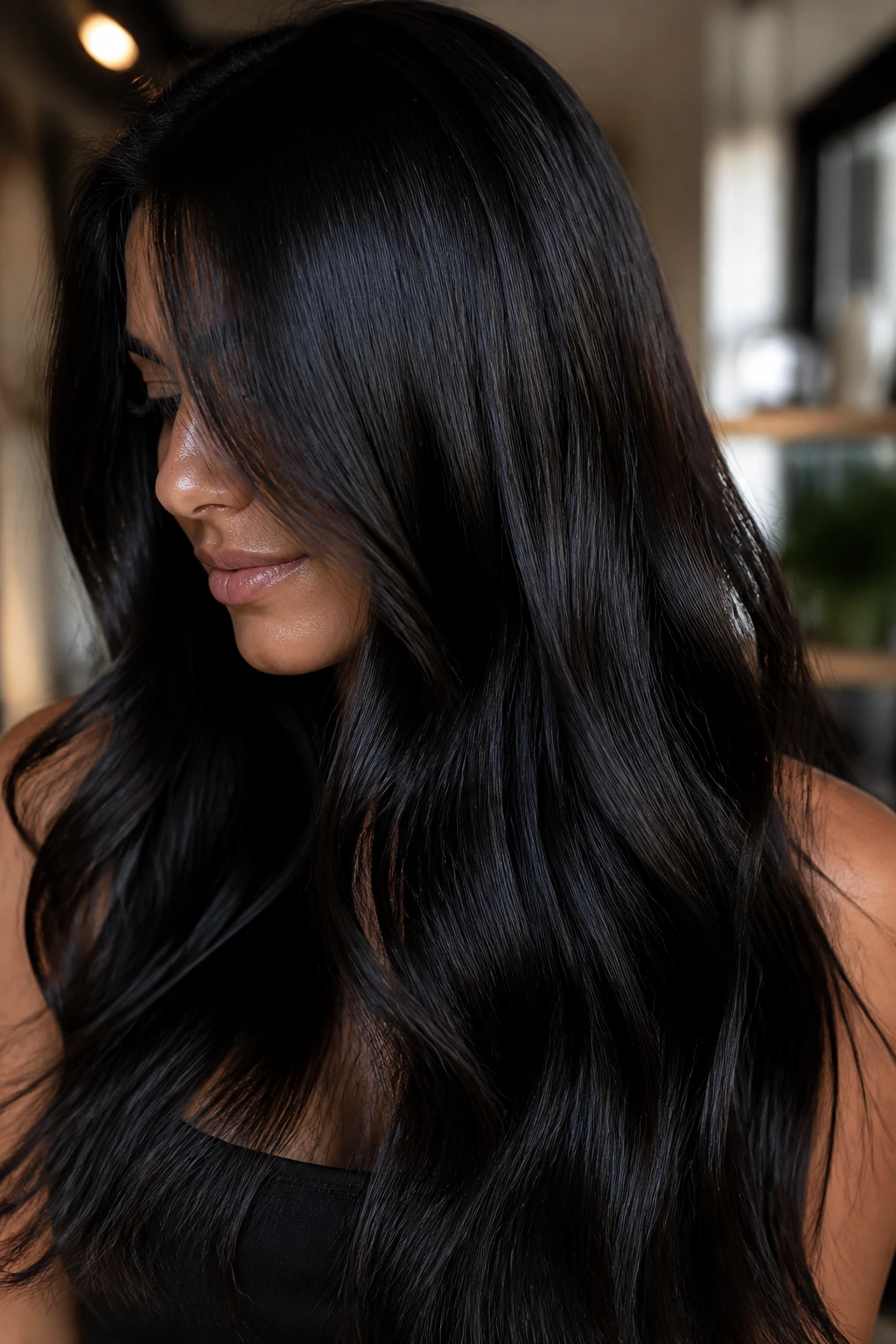 Close-up of a real woman with long, glossy midnight brunette hair catching light.