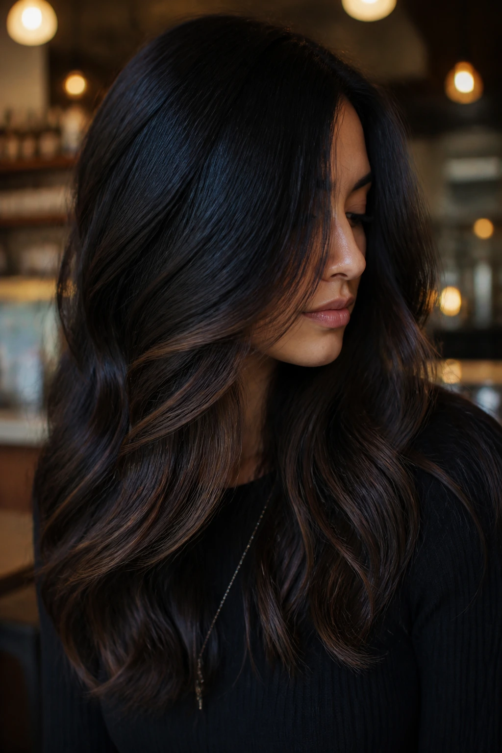 Close-up of a real woman with midnight brunette and peekaboo lights