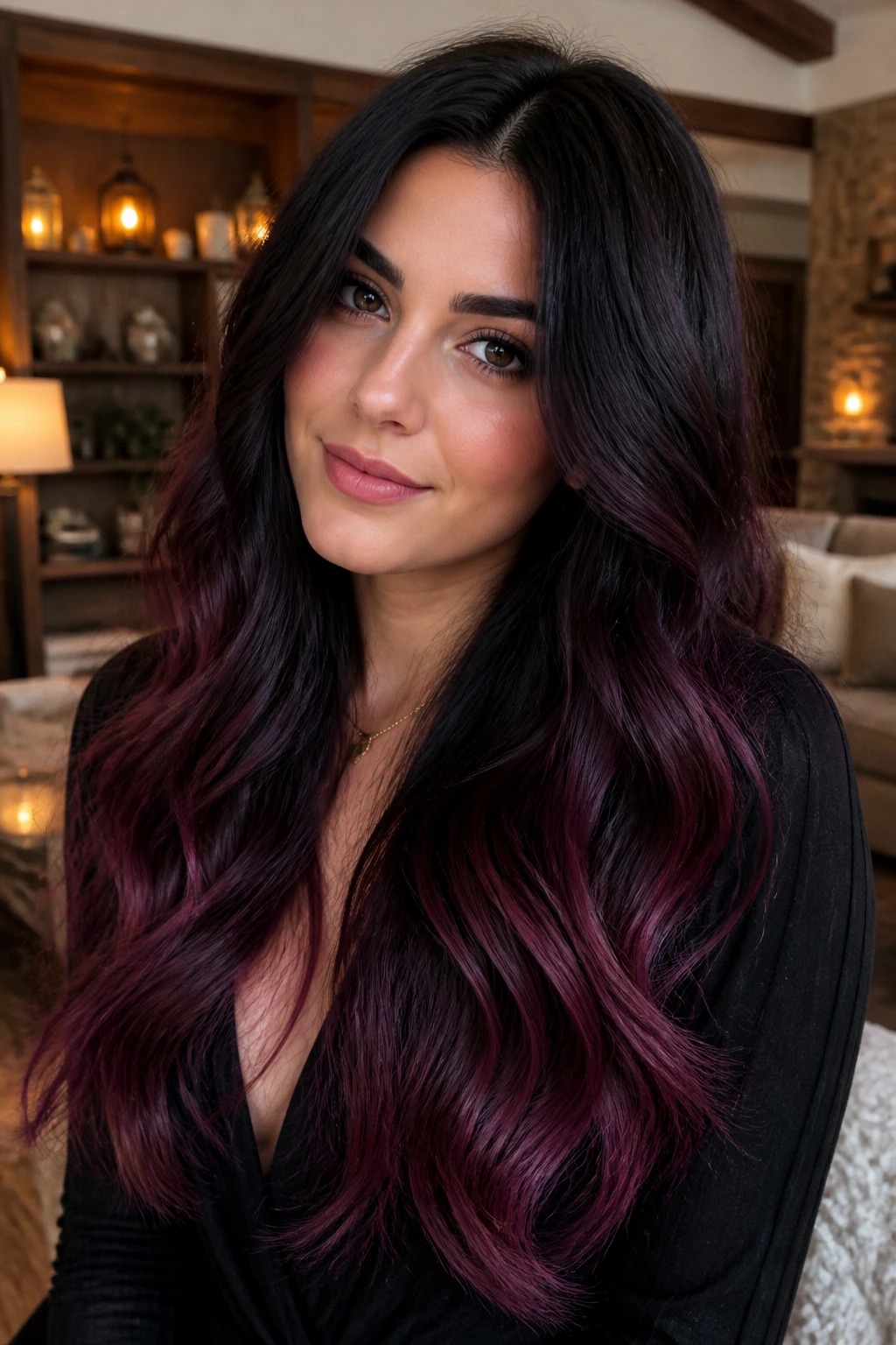 Close-up of long hair from midnight brunette to plum wine on ends in a warm interior.