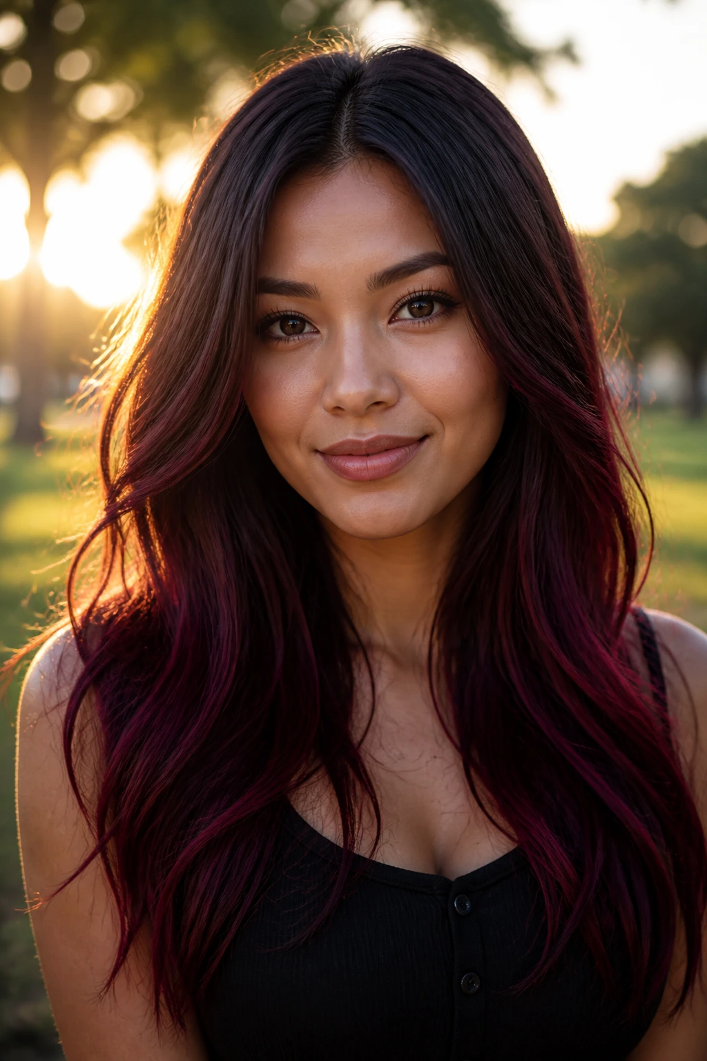 Portrait of woman showing midnight burgundy melt with near-black roots and red-violet ends in golden hour light