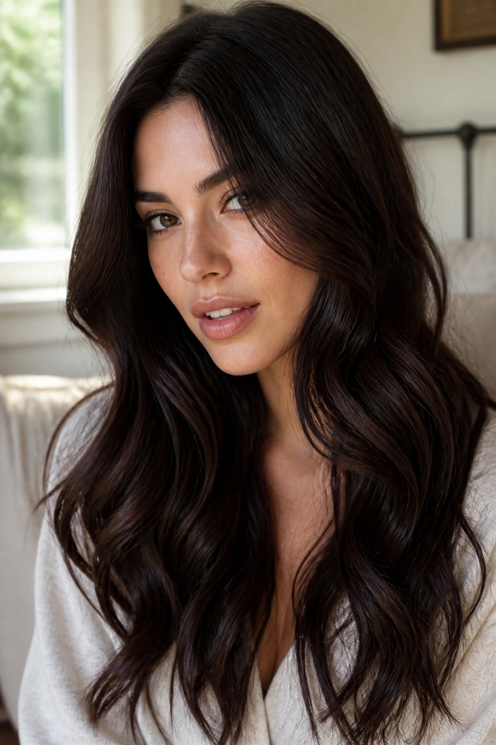 Close-up of deep midnight chocolate waves on brunette
