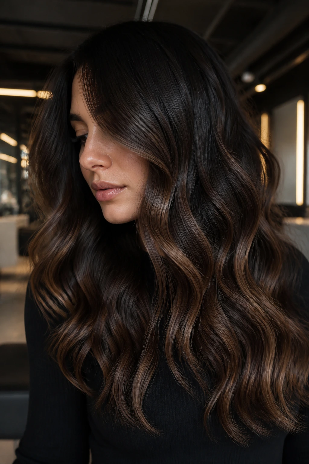 Close-up real woman's hair in Midnight Cocoa Melt with dark brown tones