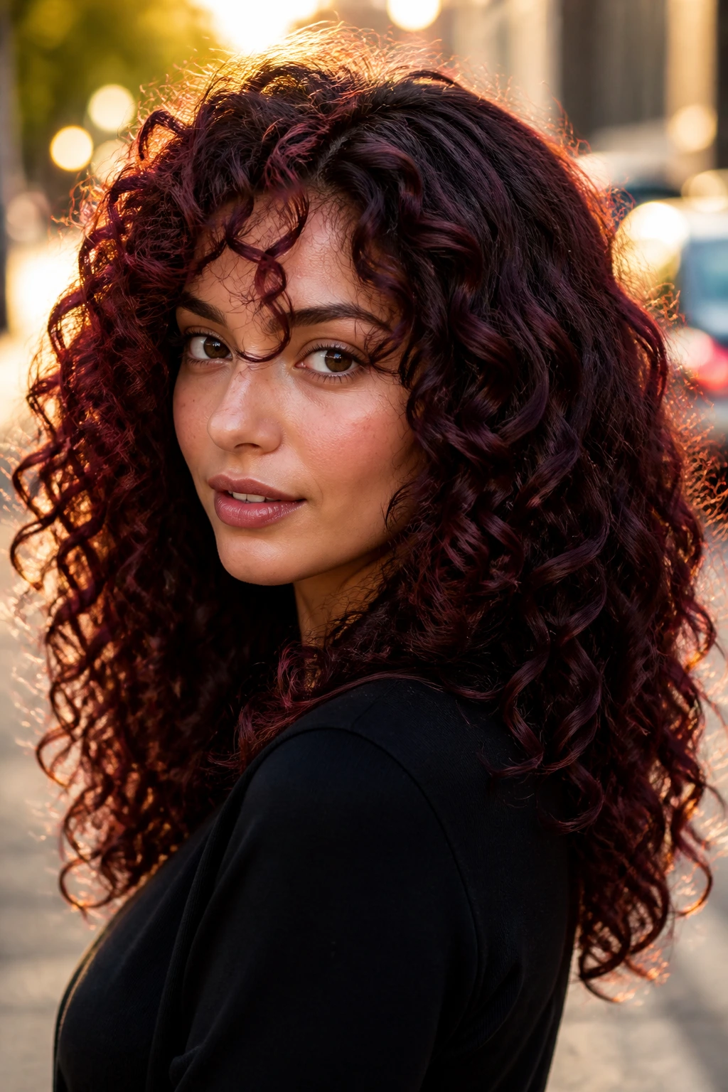 Dark mahogany curls with red-violet highlights in sunlight