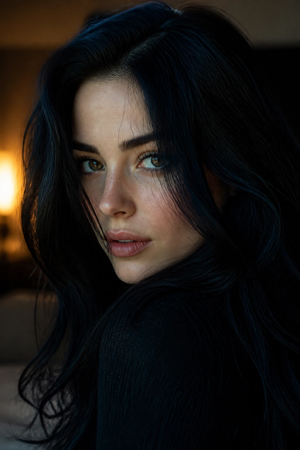 Close-up portrait of a real woman with midnight navy black hair in moody light